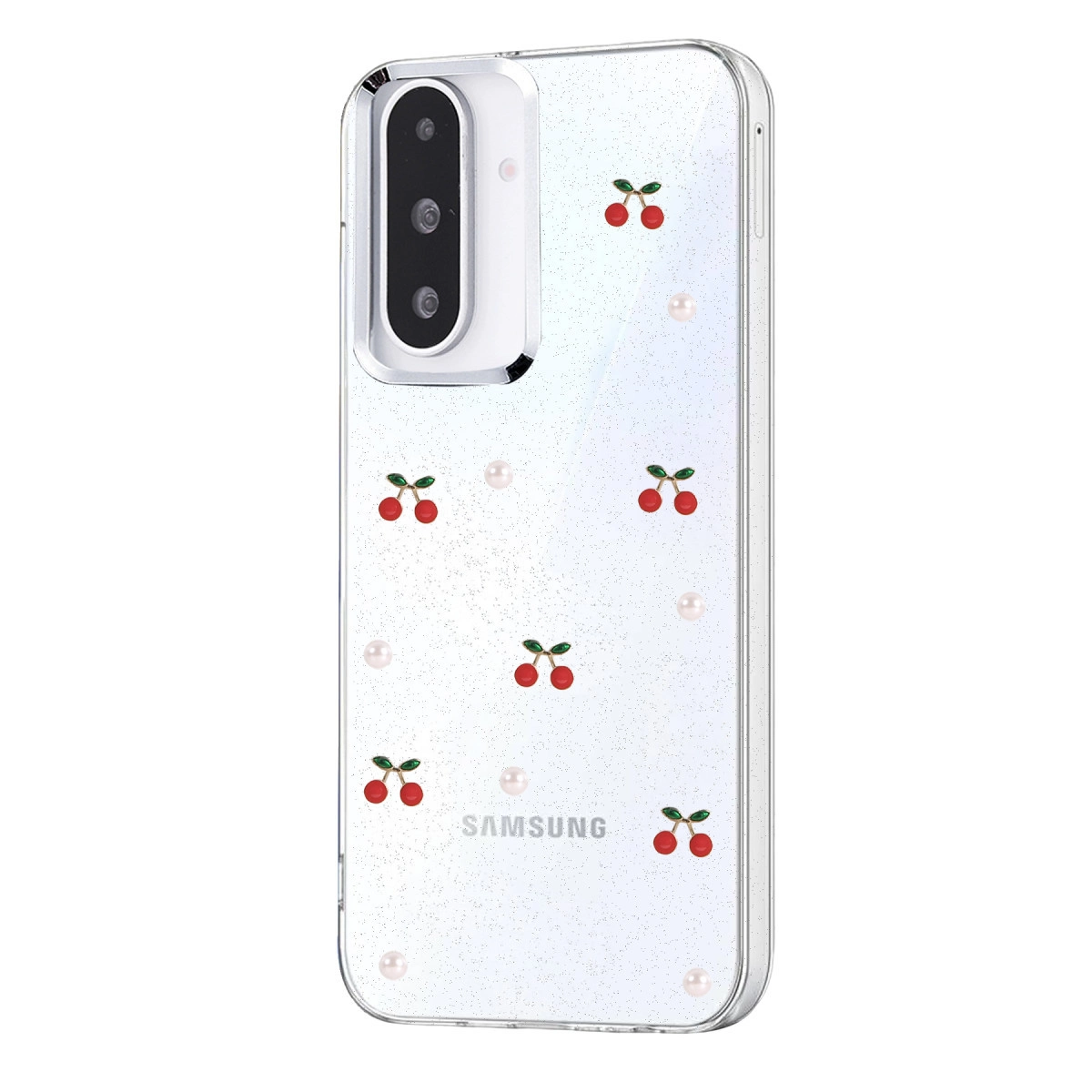 Kiraz ve inci desenli şeffaf telefon kılıfı.