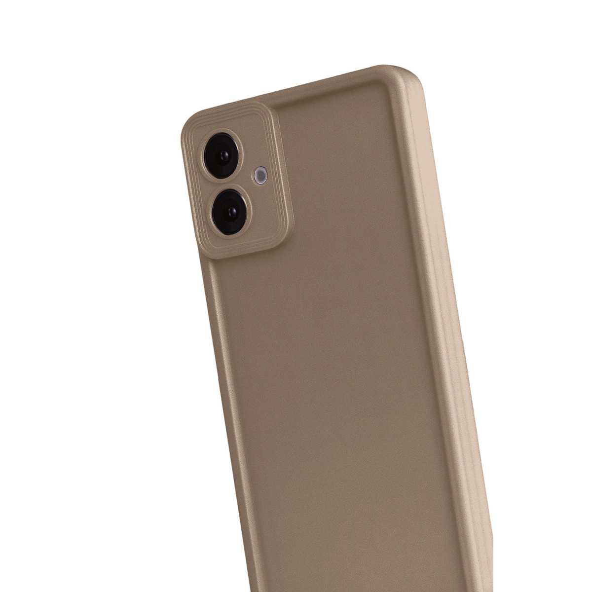 Bronz rengi akıllı telefonun arkası, iki kamera lensi ve flaşlı.