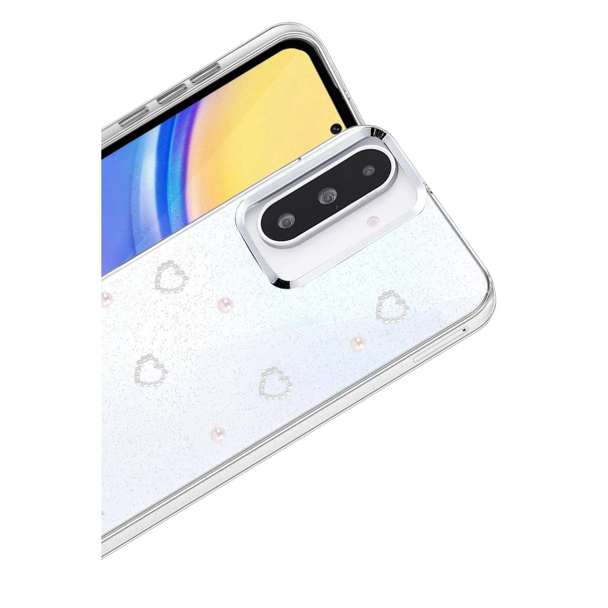 Kalpler ve incilerle süslenmiş şeffaf telefon kılıfı.