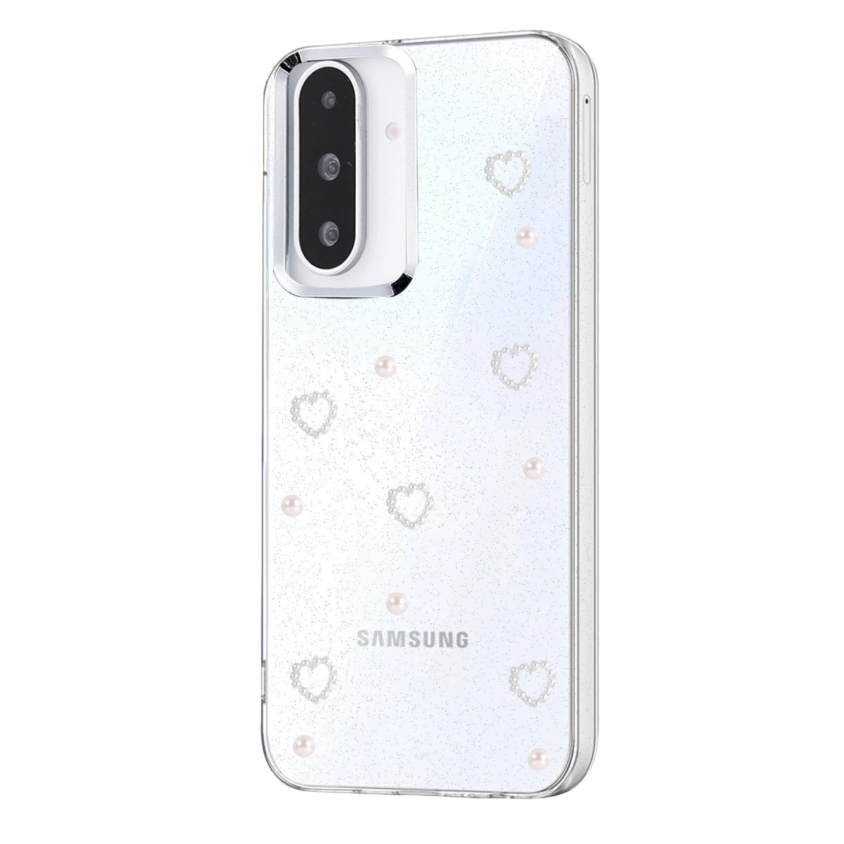 Küçük inciler ve kalp şekilleriyle süslenmiş, simli kaplamalı şeffaf telefon kılıfı.