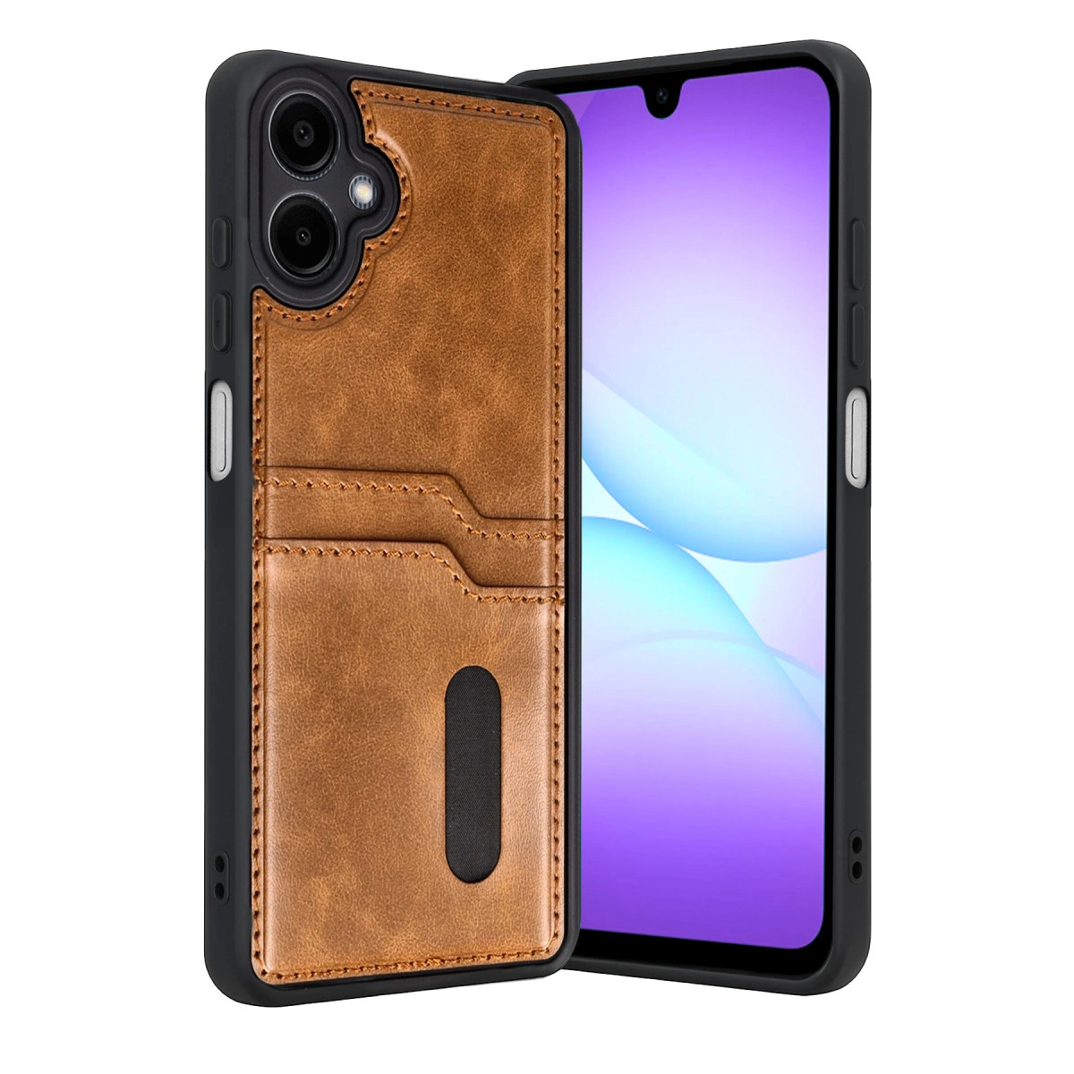 Kart yuvalı kahverengi deri telefon kılıfı ve akıllı telefon.