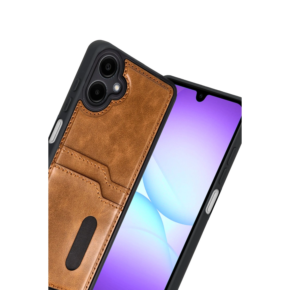 Kart yuvaları ve iki kamera lensi olan kahverengi telefon kılıfı.