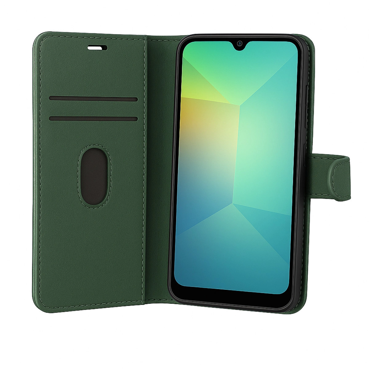 Koyu yeşil cüzdan tarzı telefon kılıfı, açık, içinde akıllı telefon görünüyor.