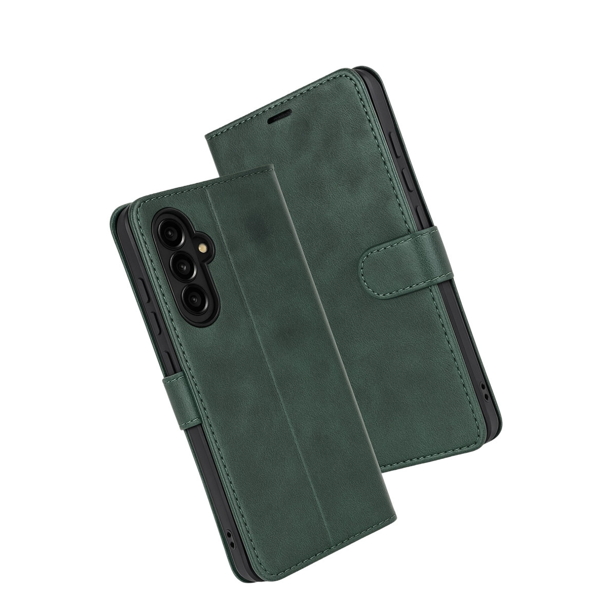 Beyaz arka plan üzerinde iki koyu yeşil kapaklı telefon kılıfı.