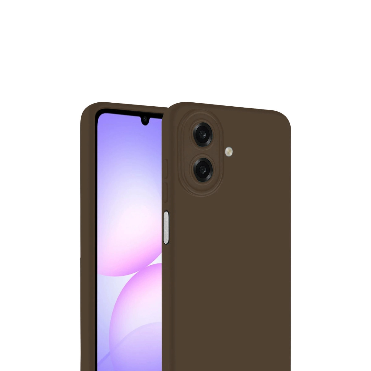 İki kamera lensli ve flaşlı kahverengi telefon kılıfı.
