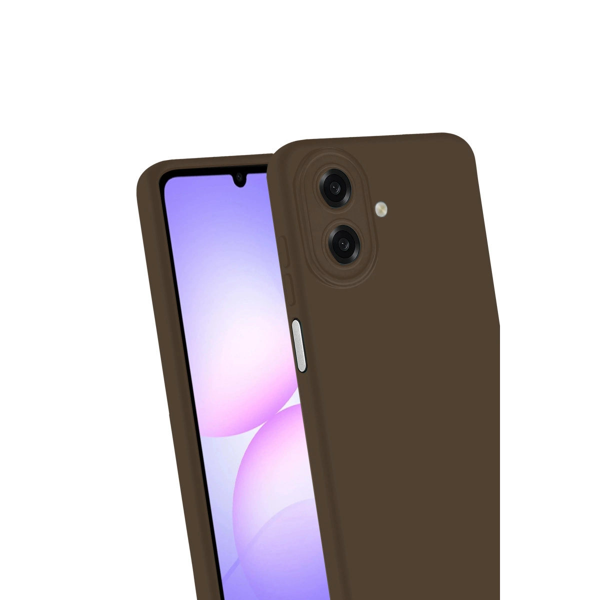Arkada çift kamera bulunan kahverengi akıllı telefon, beyaz yüzeyde duruyor.
