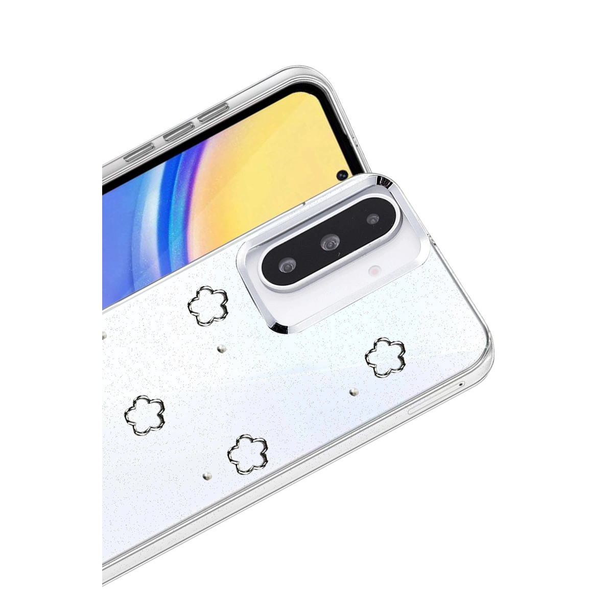Çiçek desenli, simli, şeffaf telefon kılıfı ve kamera modülü.