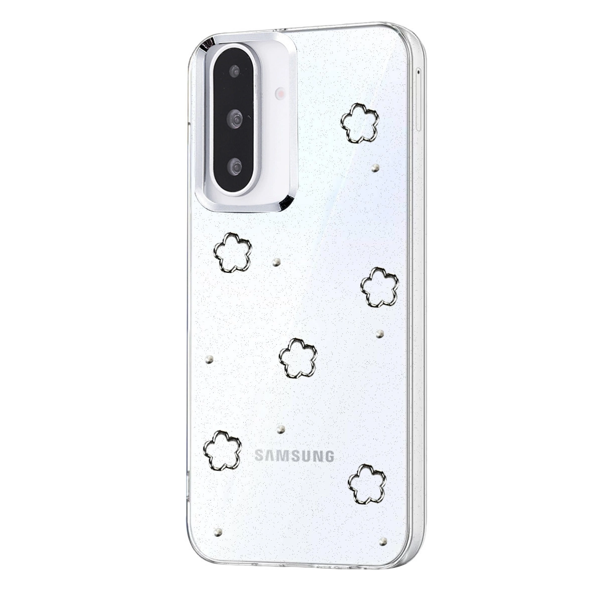 Çiçek desenli ve simli şeffaf telefon kılıfı, Samsung logosu.