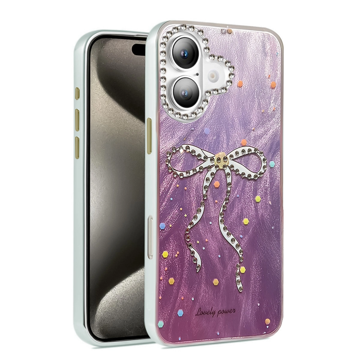 Sim, fiyonk ve mücevherli mor telefon kılıfı.