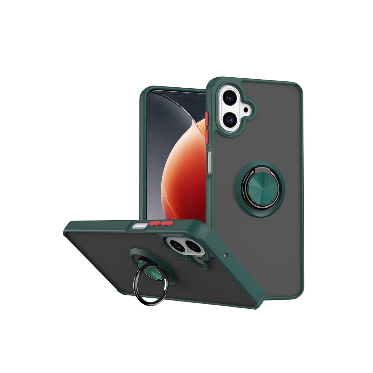 Yeşil halka tutuculu koyu gri telefon kılıfı ve kamera açıklığı.