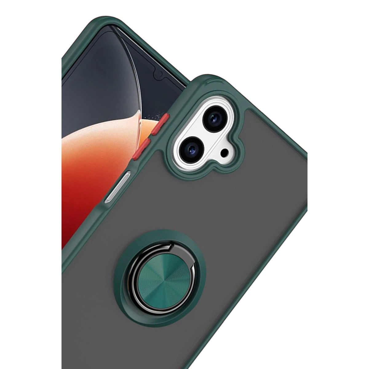 Koyu gri telefon kılıfı, yeşil çerçeveli ve halka tutuculu.