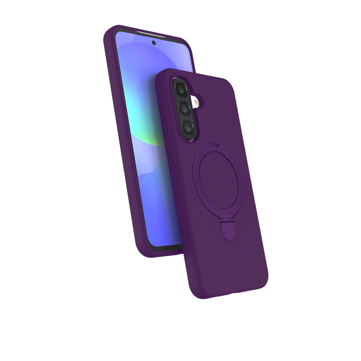 Mor renkli, arkasında üçlü kamera lensi ve halka tutucu bulunan telefon kılıfı.