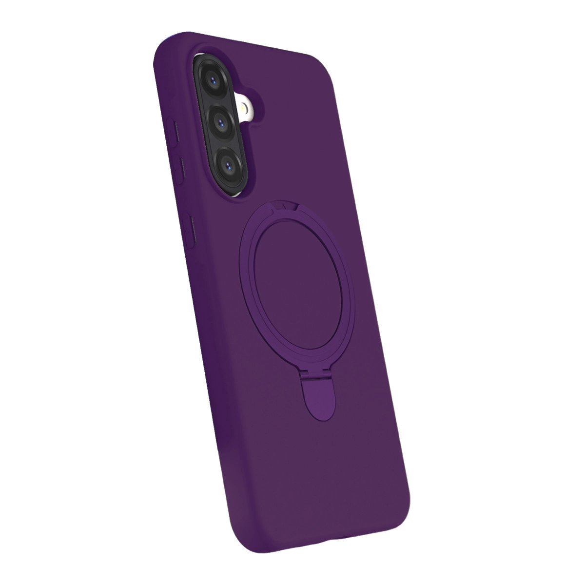 Halka tutuculu ve üç kamera lensli mor telefon kılıfı.
