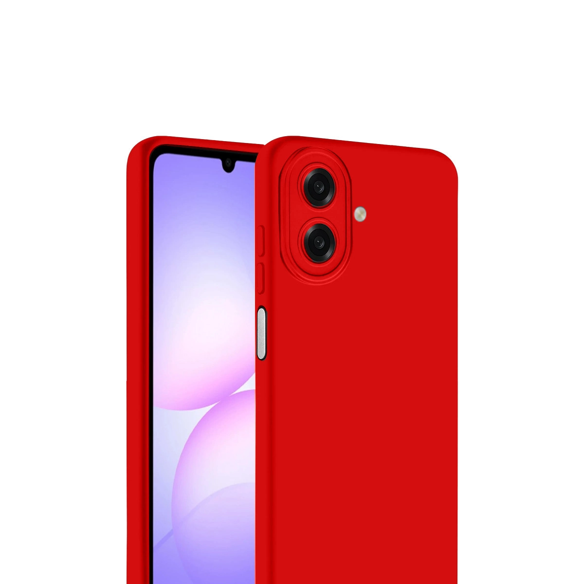 Beyaz arka plan üzerinde iki kameralı kırmızı akıllı telefon.