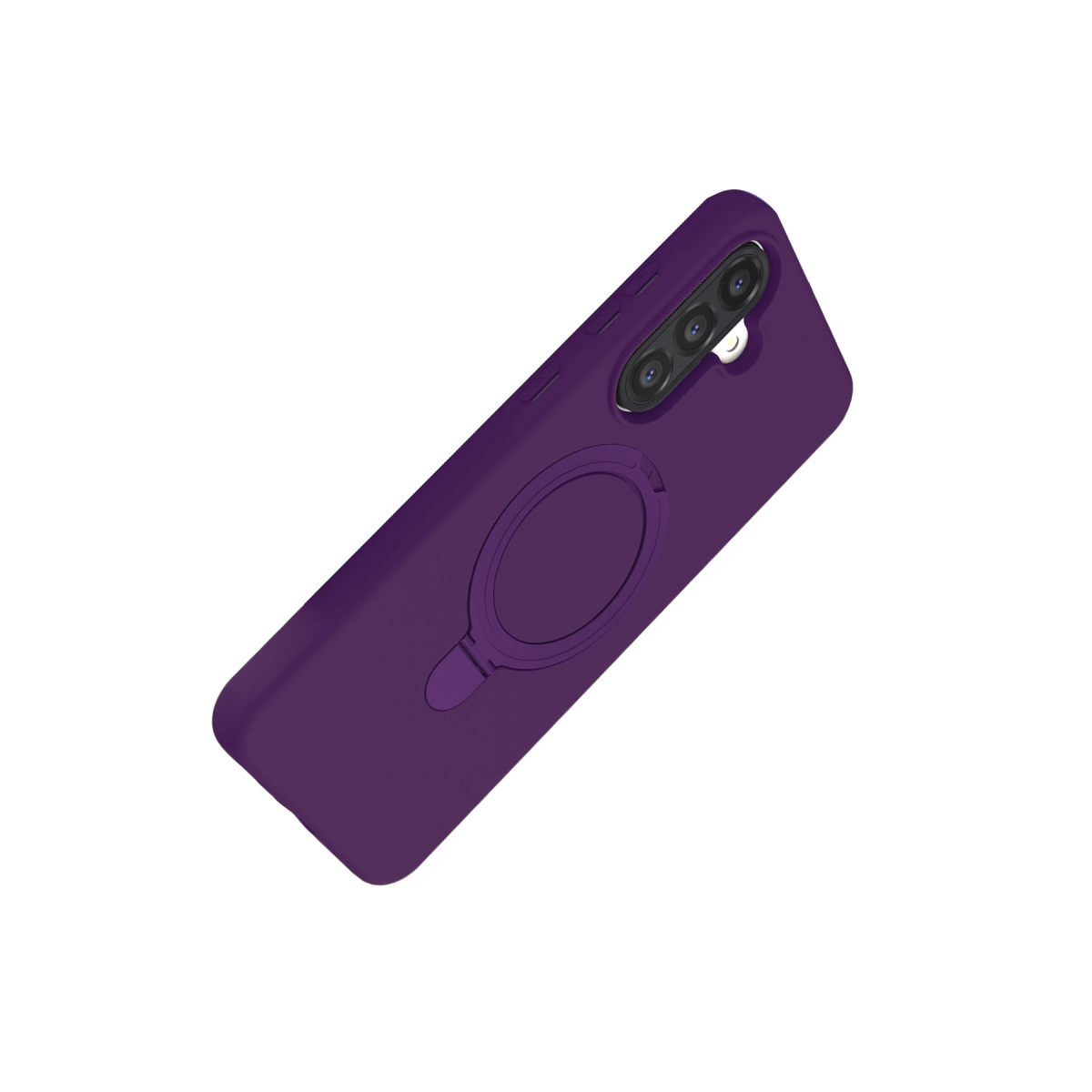 Halka tutuculu ve üç kamera lensli mor telefon kılıfı.