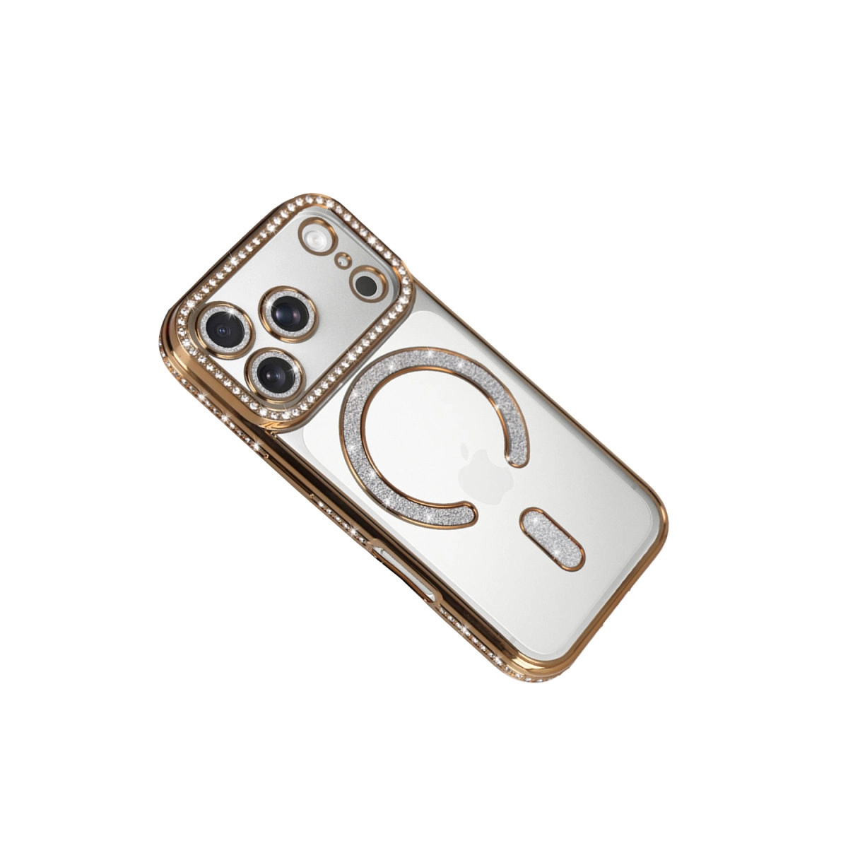 Altın kenarlı ve lens çevresinde parlak taşlarla süslenmiş şeffaf iPhone kılıfı.