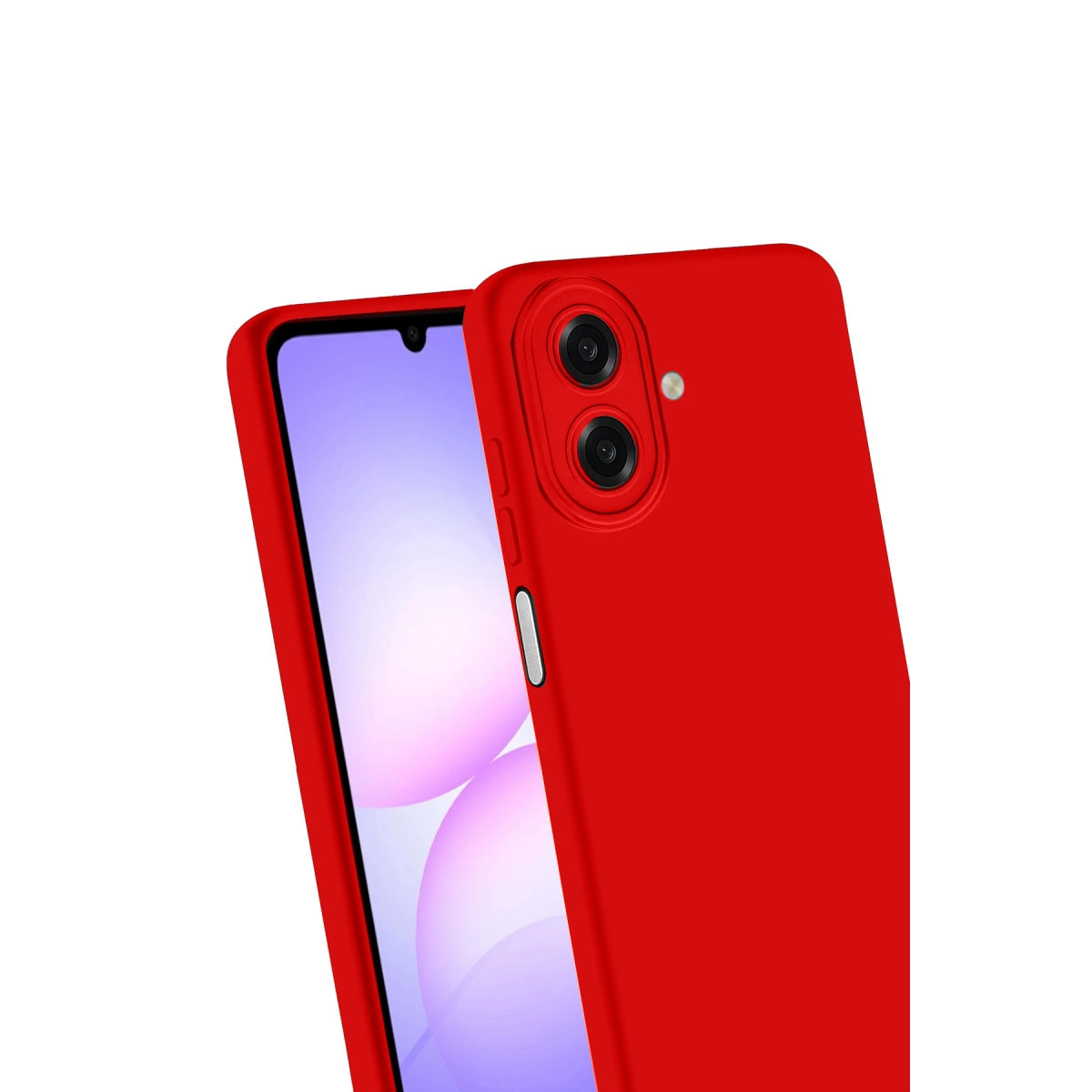 Beyaz üzerinde iki kameralı ve flaşlı kırmızı akıllı telefon.