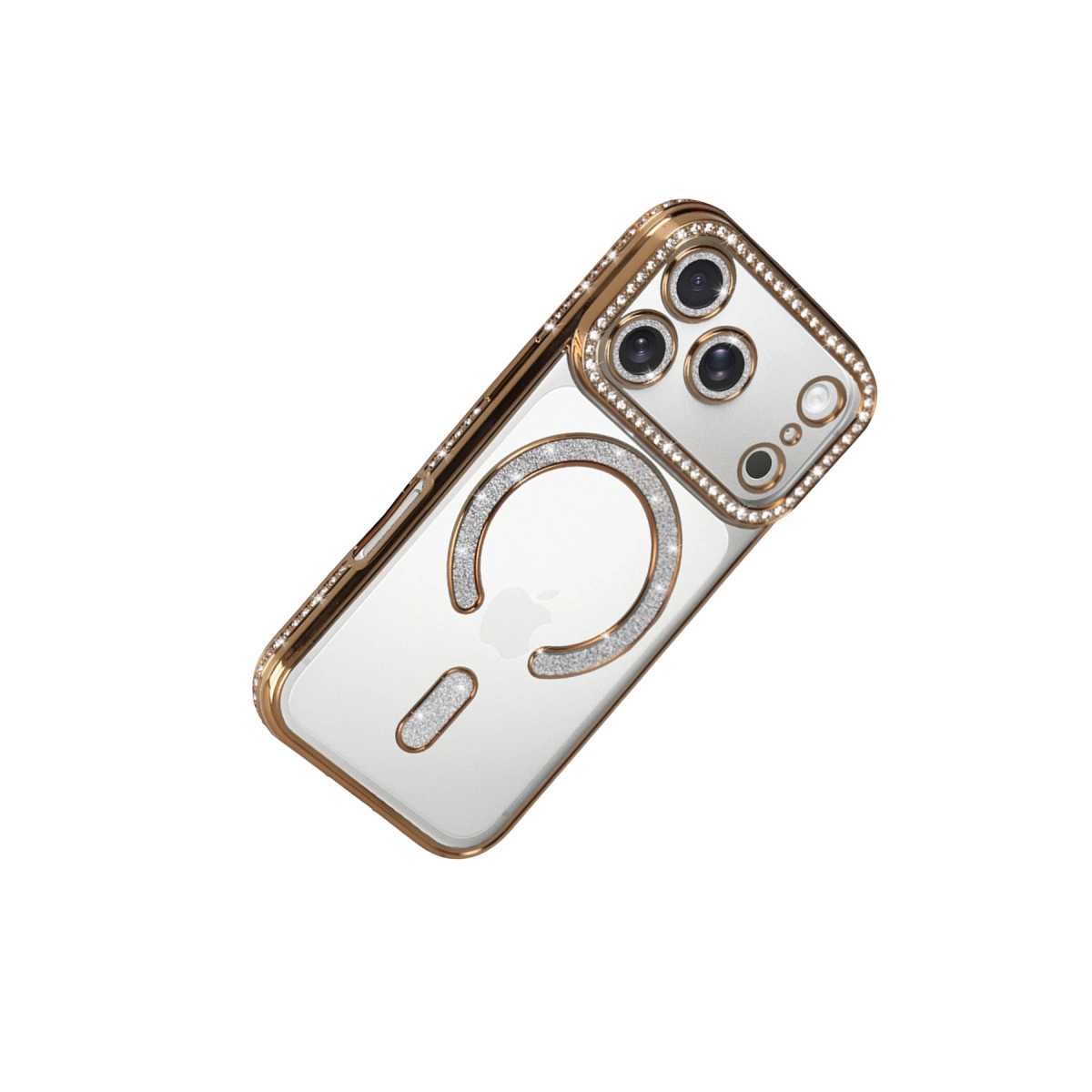Simli ve kameralı altın iPhone kılıfı.