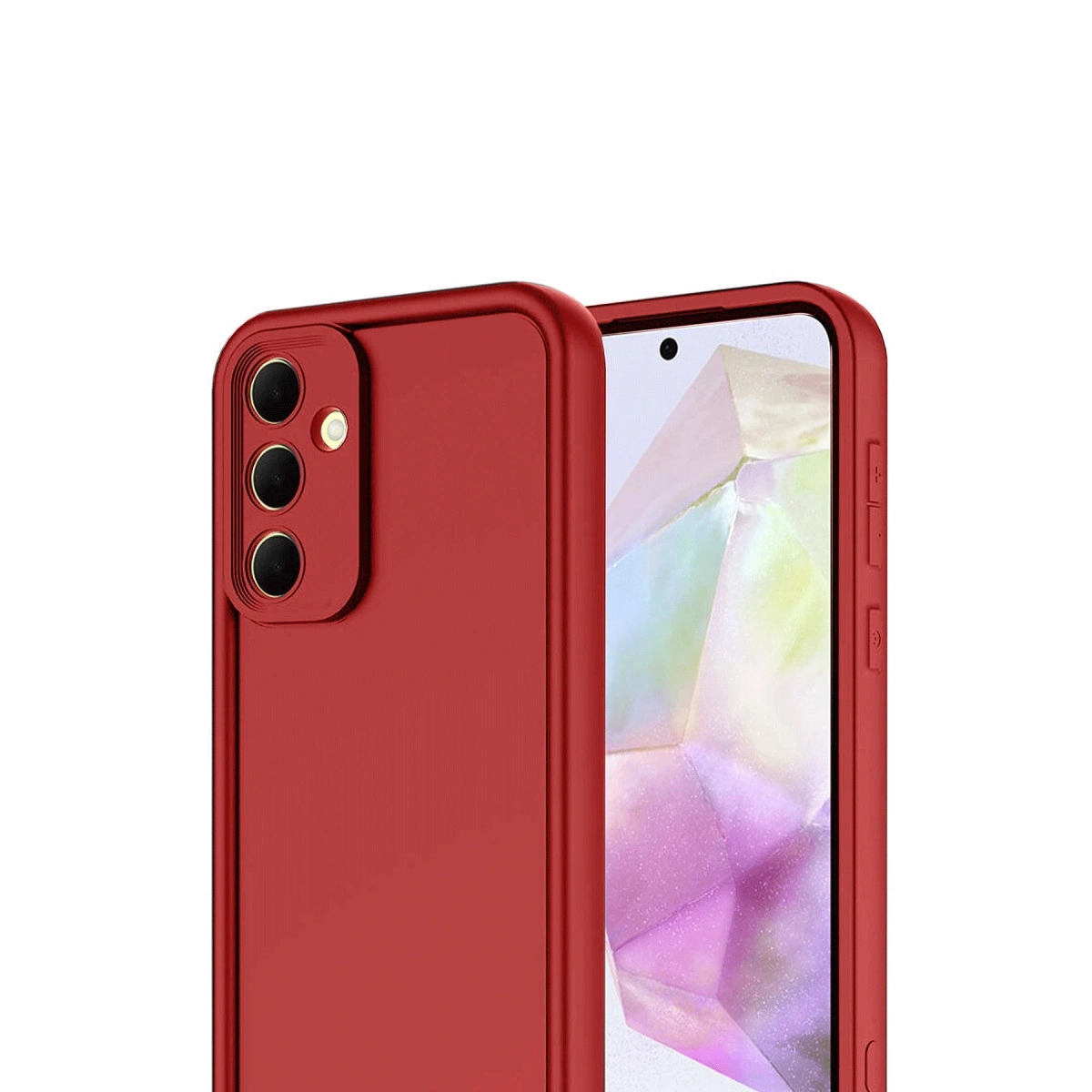 Kamera kesimli ve yan düğmeli kırmızı telefon kılıfı.