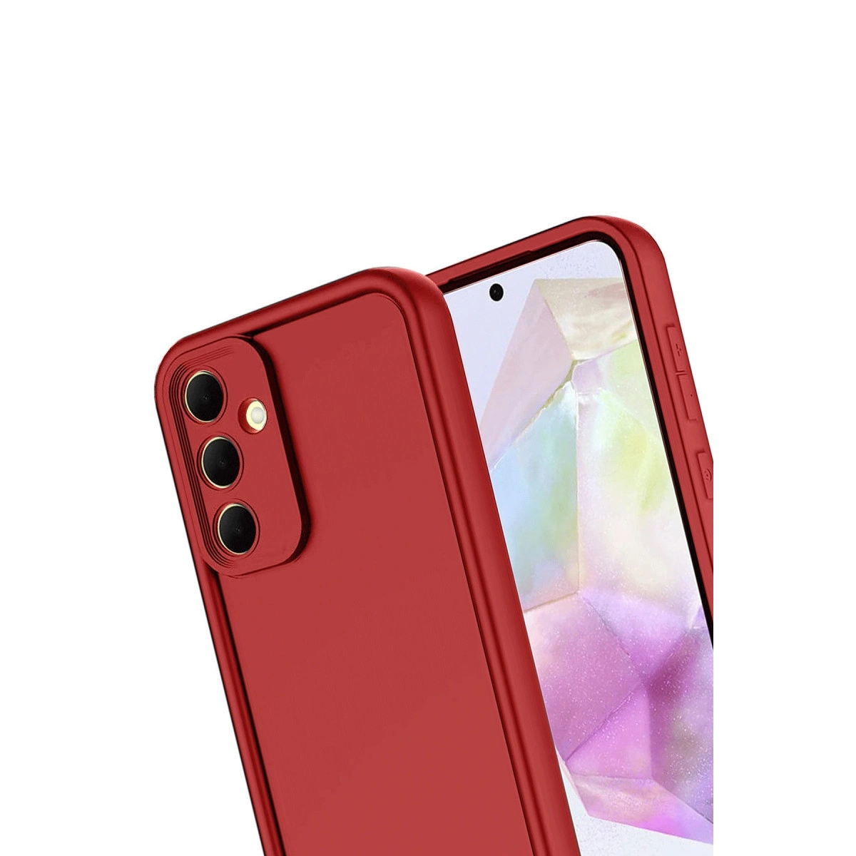 Üç kamera lensli kırmızı telefon kılıfı ve renkli arka plan.