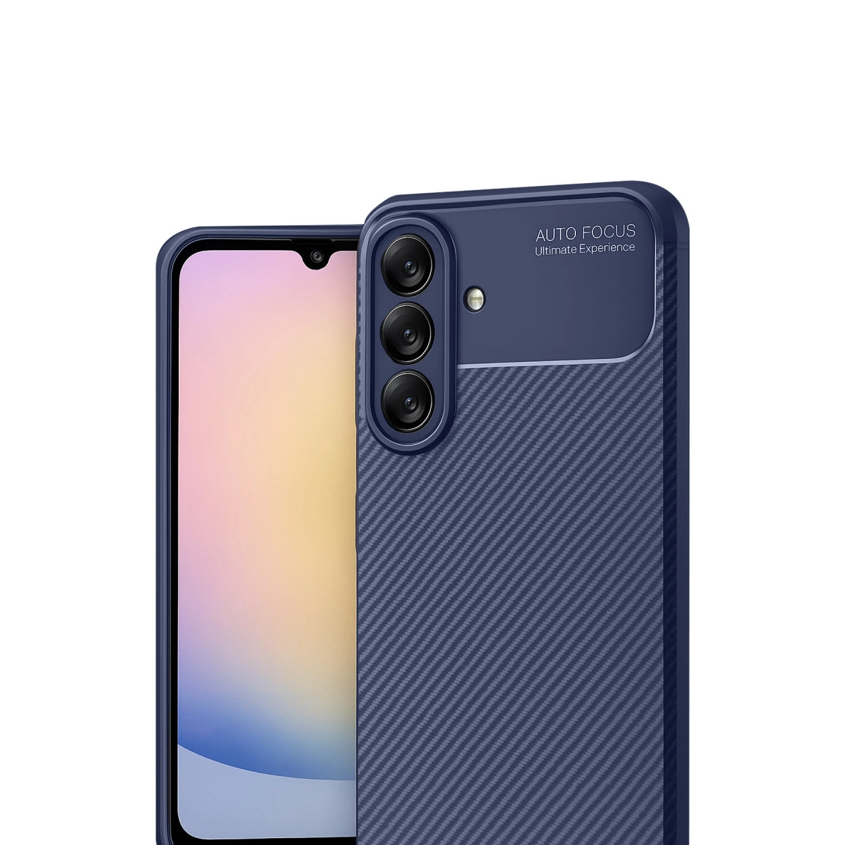 Karbon fiber dokulu, üçlü kamera yuvalı lacivert telefon kılıfı.
