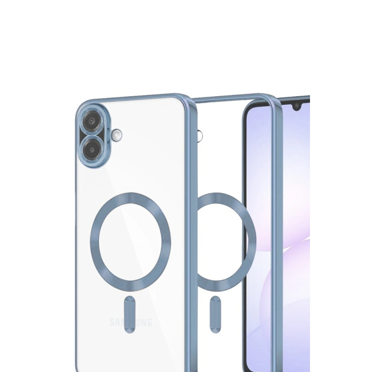 Mavi kenarlı ve manyetik halkalı şeffaf telefon kılıfı.