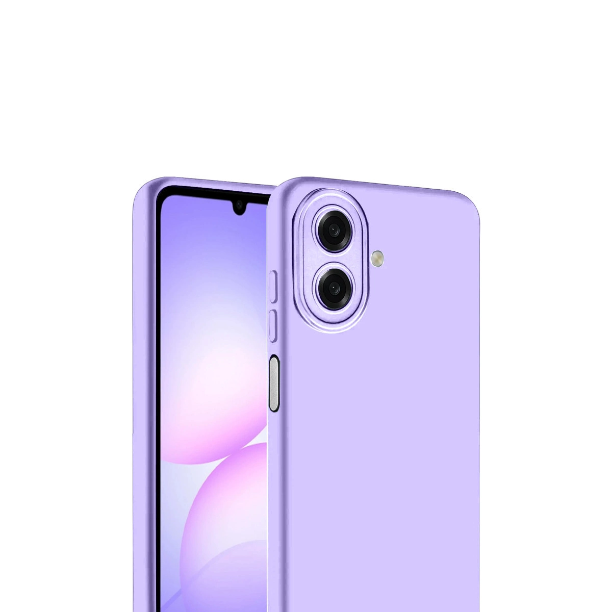 İki kameralı, düz ekranlı mor akıllı telefon.