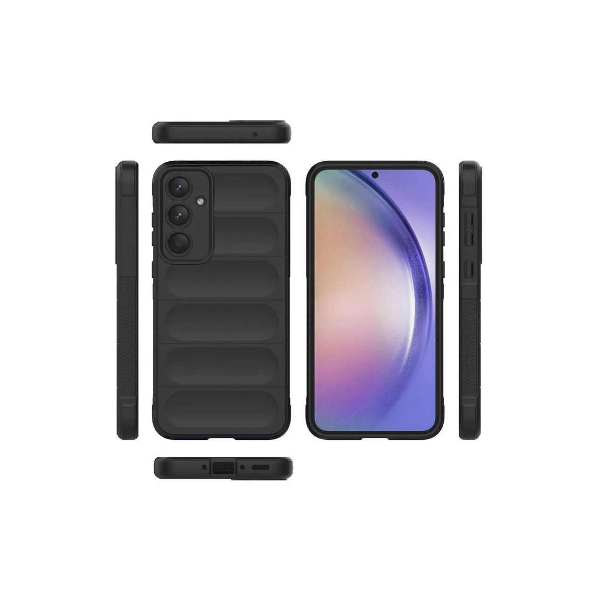 Kanallı dokulu siyah telefon kılıfı, çeşitli açılardan gösteriliyor.