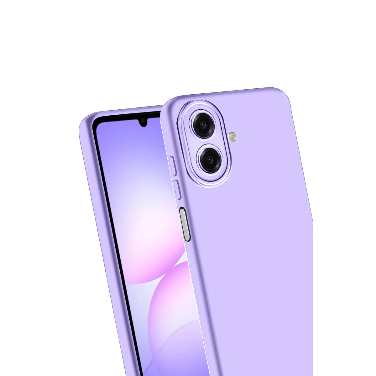 Lavanta rengi çift arka kameralı telefon, beyaz arka plan üzerinde.