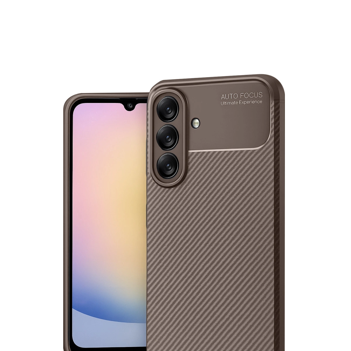 Karbon desenli kahverengi telefon kılıfı, üç kamera ve ekran.