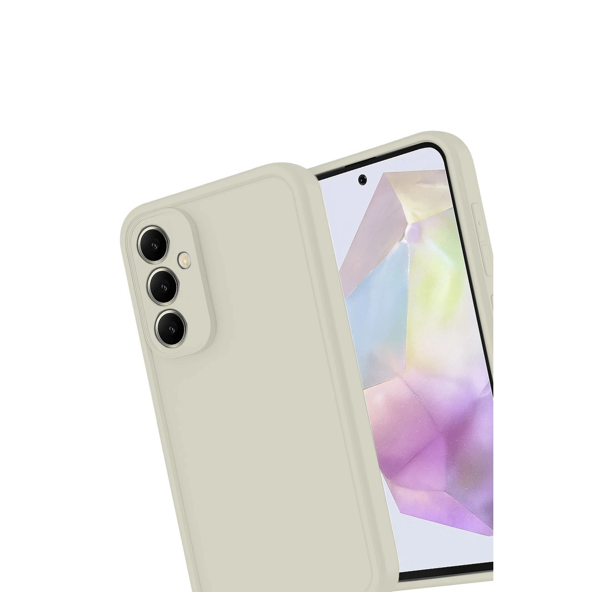 Üç kameralı açık gri telefon ve soyut duvar kağıdı.