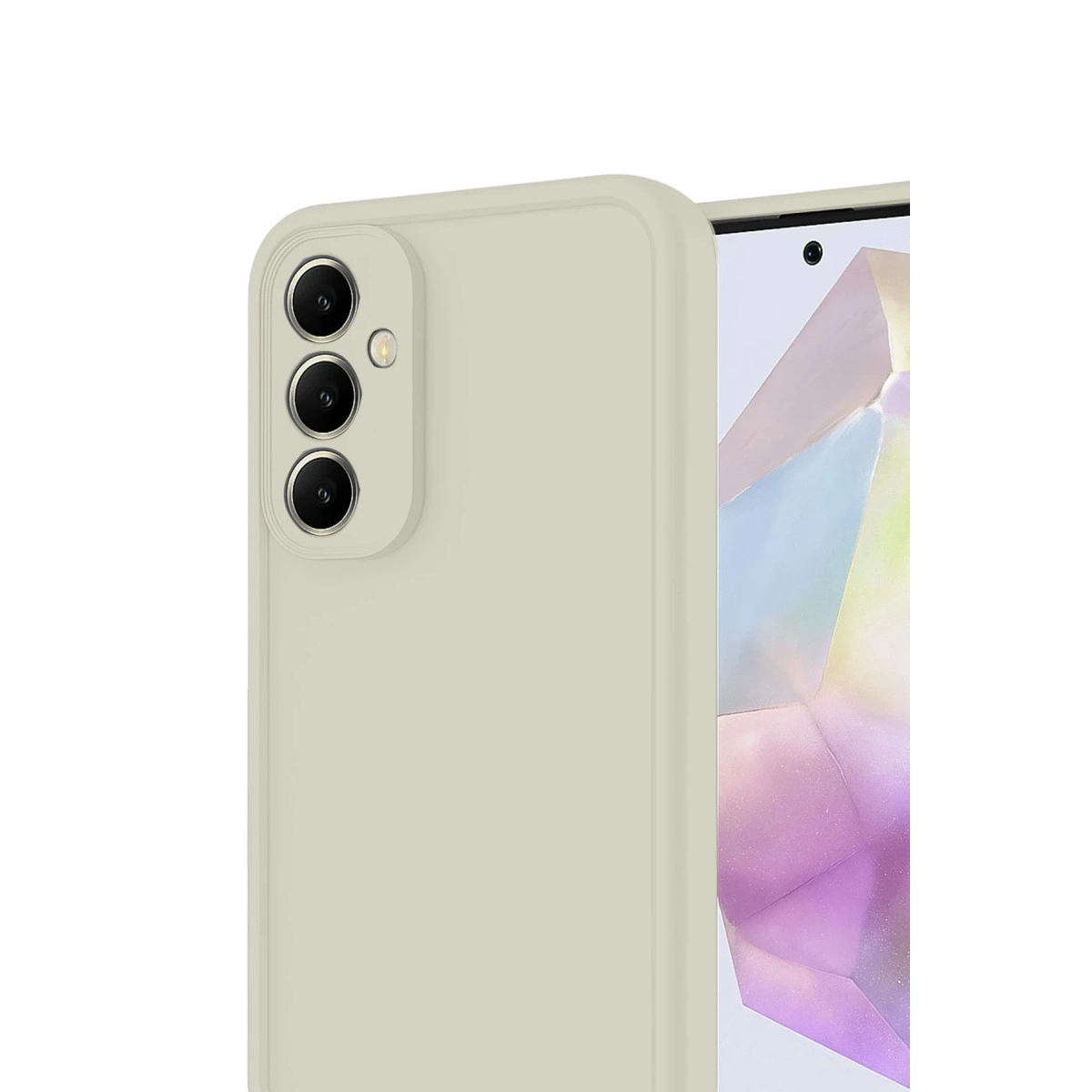Arkada üç kamerası olan bej telefon kılıfı, akıllı telefon ekranının yanında.