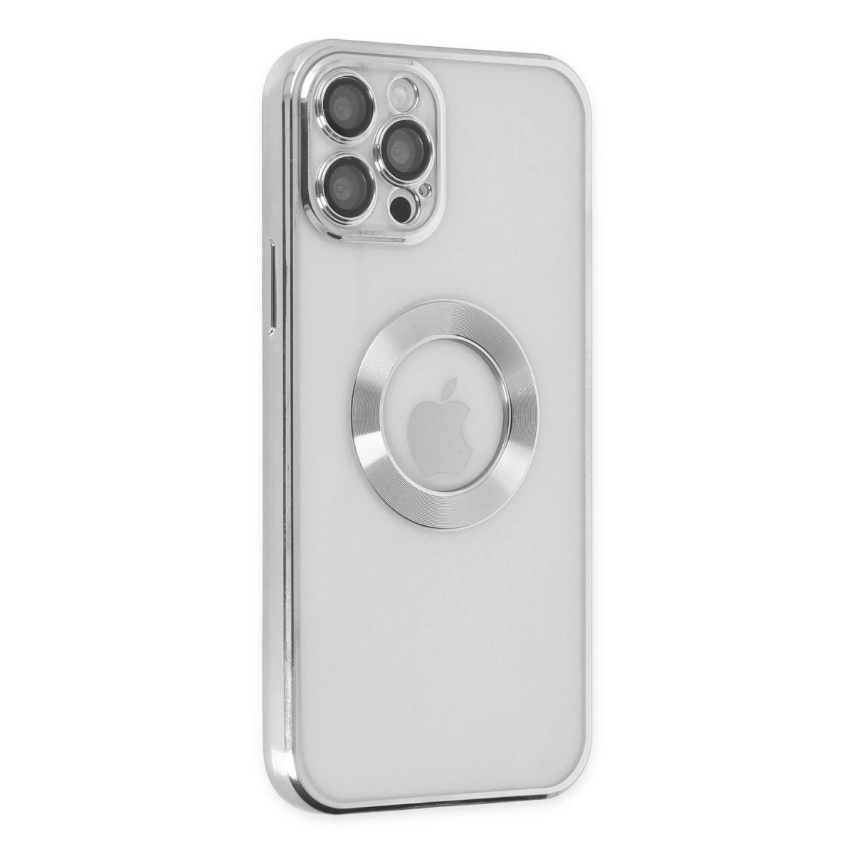 Kameralı ve Apple logolu gümüş telefon kılıfı.