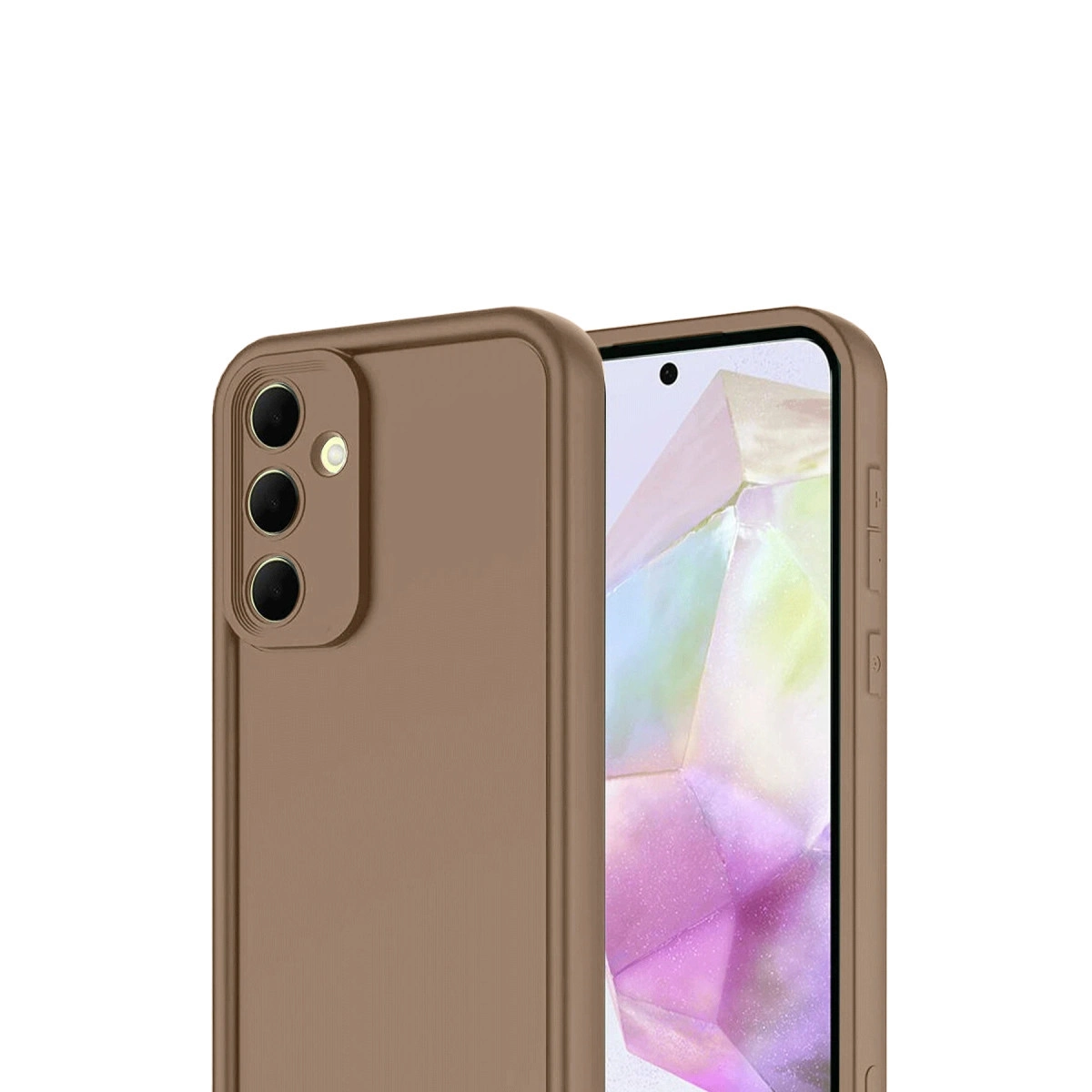 Üçlü kameraya ve parlak ekrana sahip kahverengi telefon kılıfı.