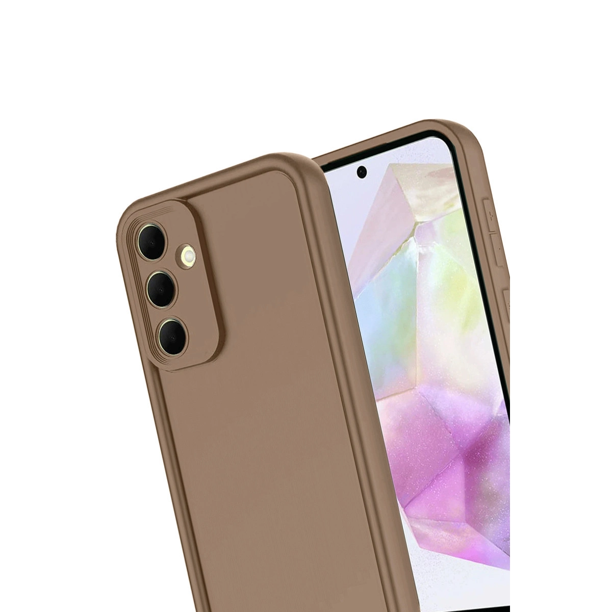 Üç kameralı, renkli ekranlı kahverengi telefon.