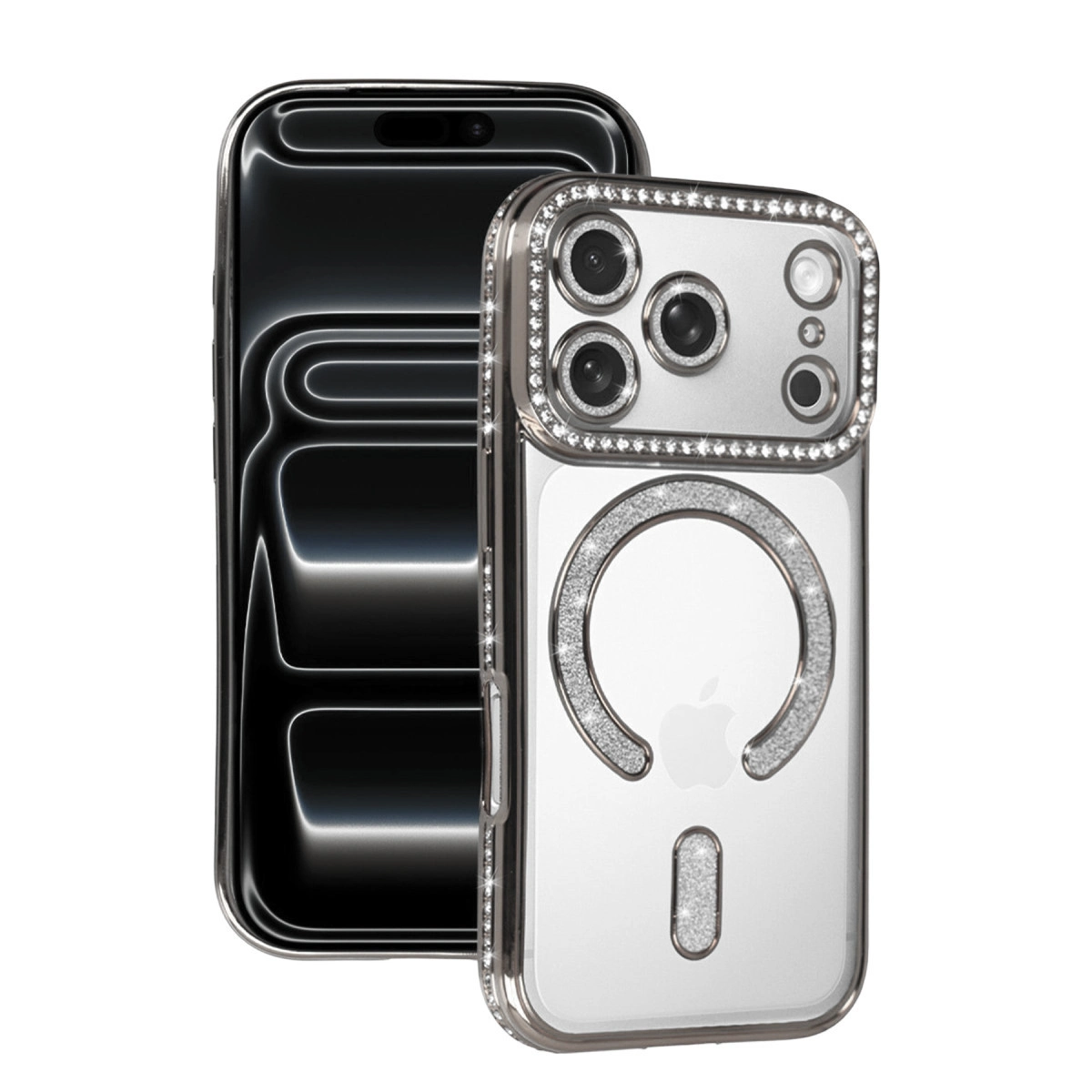 NEWFACE iPhone 17 Pro Uyumlu Joke Simli Magneticsafe Telefon Kılıfı Gümüş