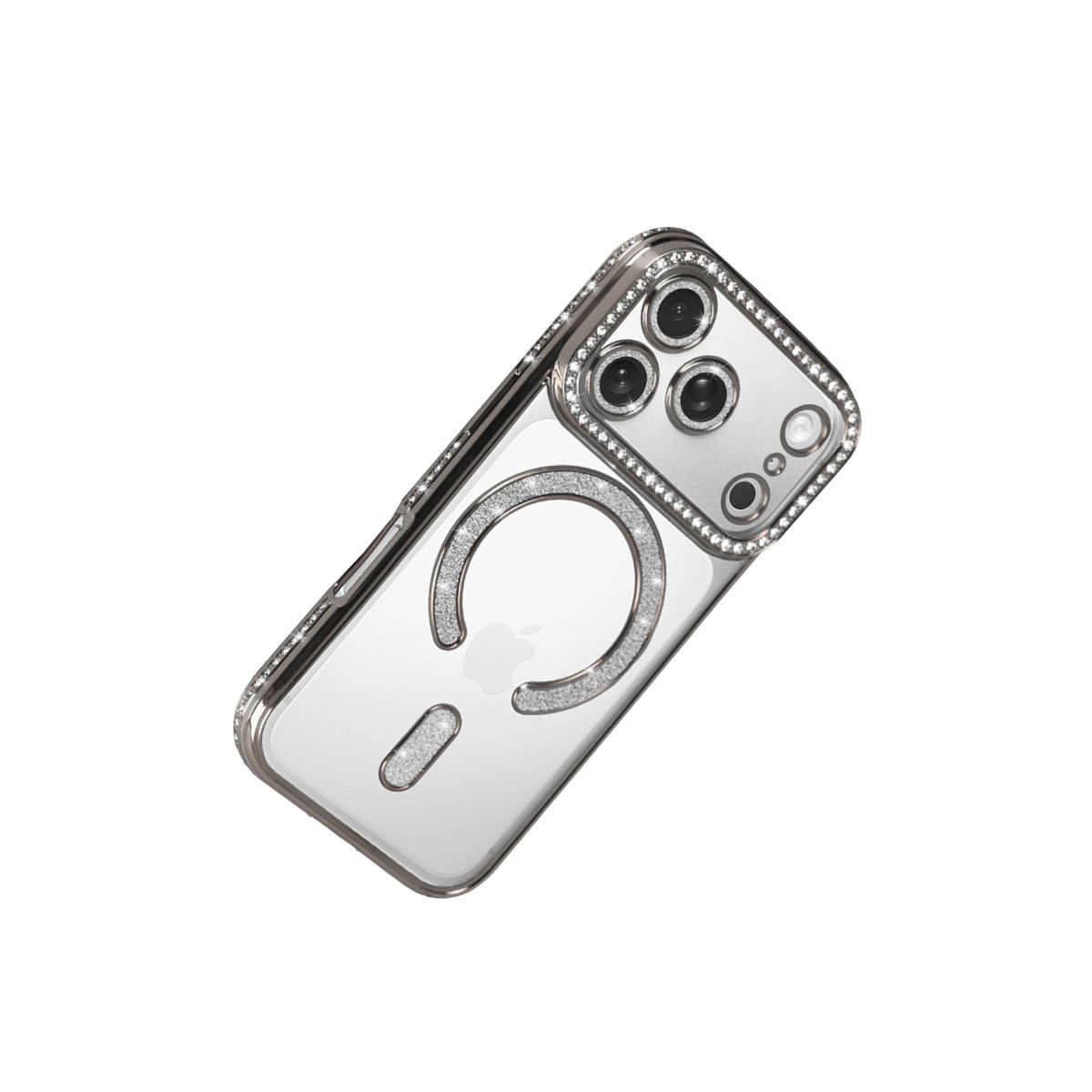 Rhinestones ve kamera dizisi ile gümüş iPhone kılıfı.