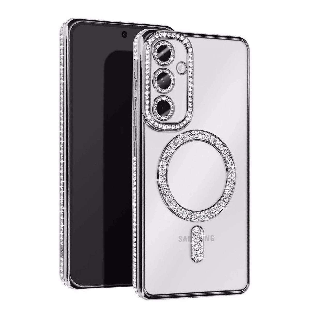 Telefon üzerinde taşlı şeffaf kılıf.
