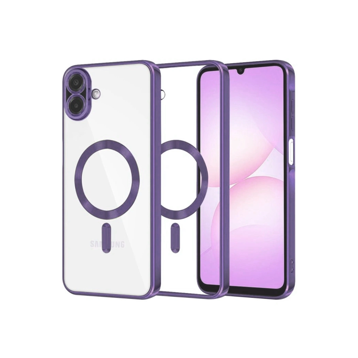 Mor telefon kılıfı, şeffaf arka ve manyetik halkalı.
