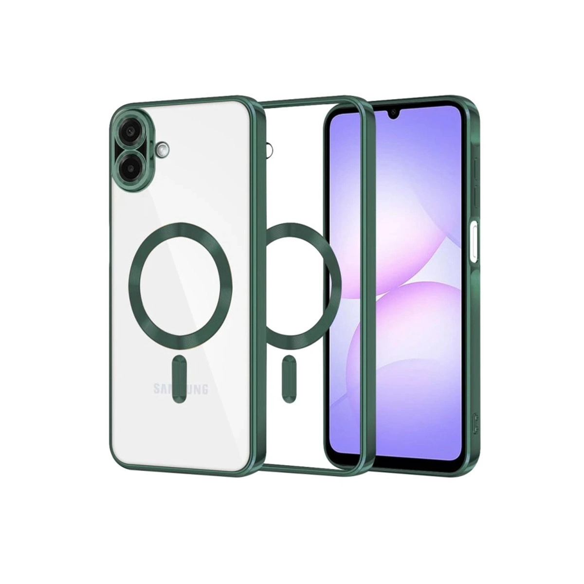 Yeşil aksanlı manyetik halkalı şeffaf telefon kılıfı.