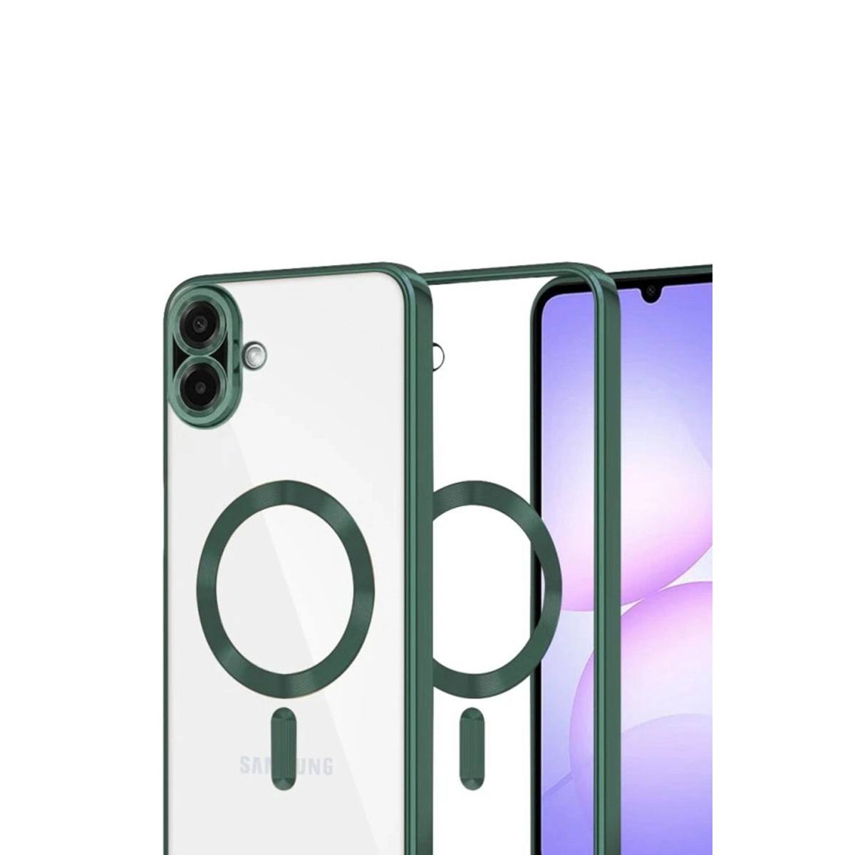 Kamera kesimli yeşil MagSafe telefon kılıfı, telefonun yanında.