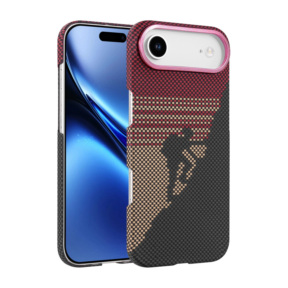 Kırmızı ve bej kareli telefon kılıfı, akıllı telefon önünde dağcı silüeti.