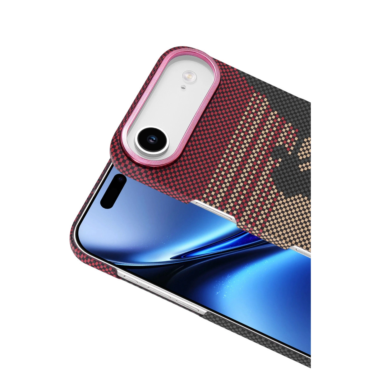 Mavi akıllı telefon ekranı üzerinde kırmızı damalı telefon kılıfı.