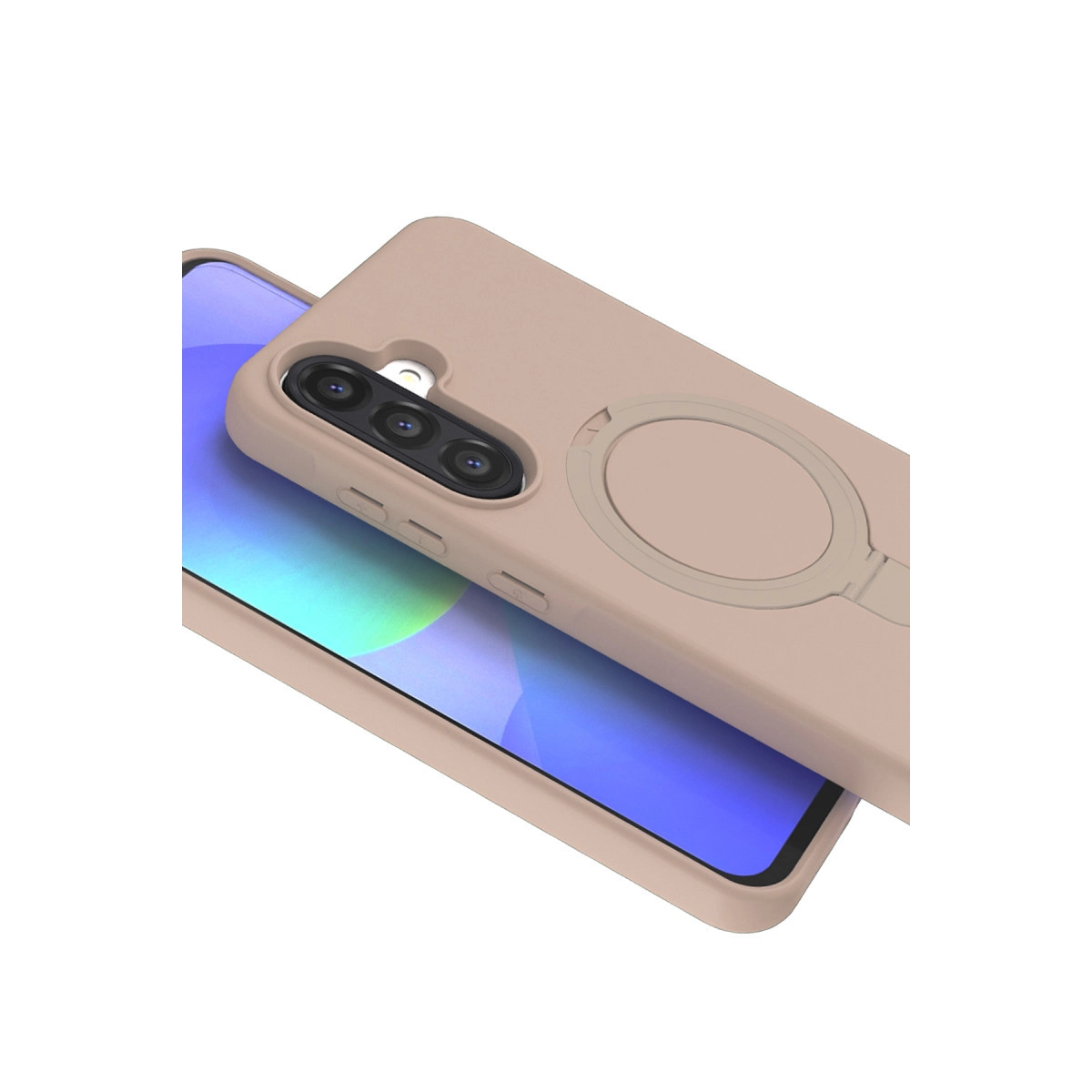 Halka standlı ve üç kameralı açık kahverengi telefon kılıfı.