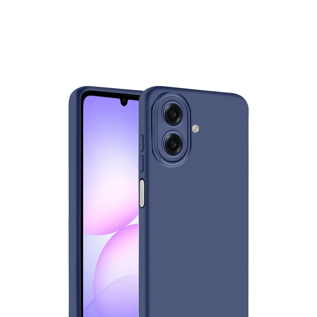 Çift kameralı ve flaşlı lacivert telefon kılıfı. Ekran görünür durumda.
