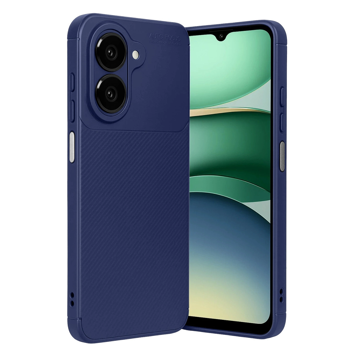 Çift kamera lensli ve nervürlü dokulu lacivert telefon kılıfı.