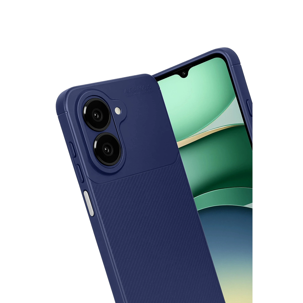 İki kameralı lacivert telefon kılıfı, yeşil arka planlı telefon üzerinde.