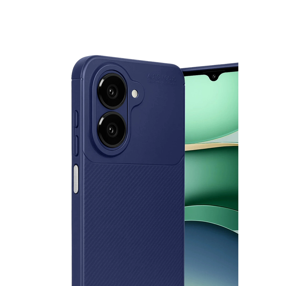 Arkada iki kamerası ve ekranı olan koyu mavi telefon kılıfı.