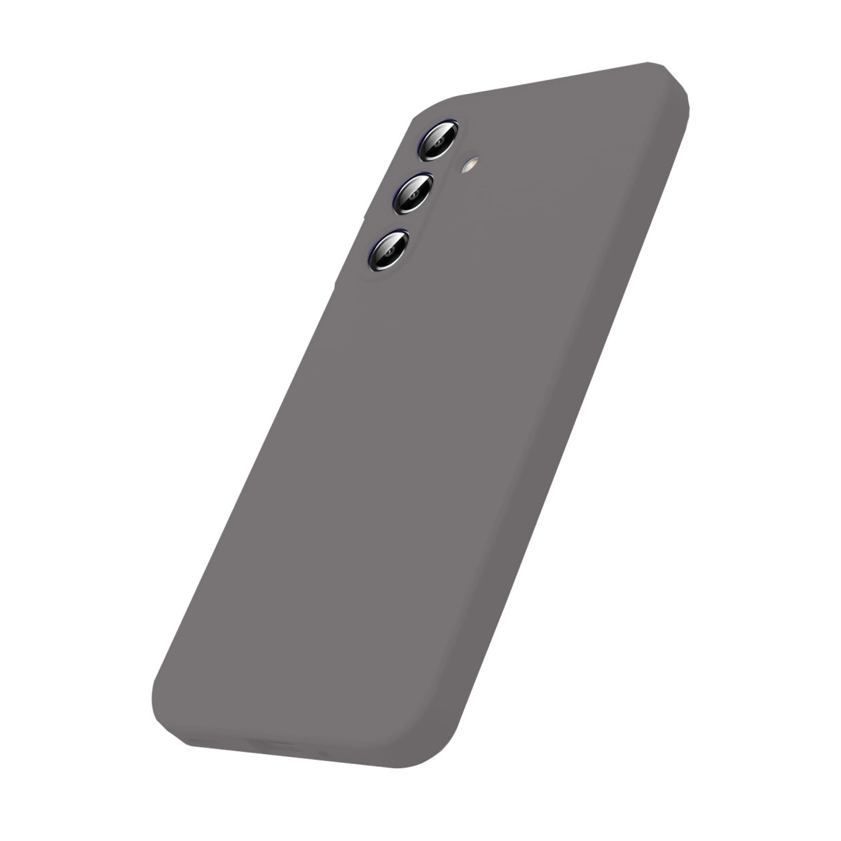 Arkada üç kamera lensli gri telefon kılıfı.