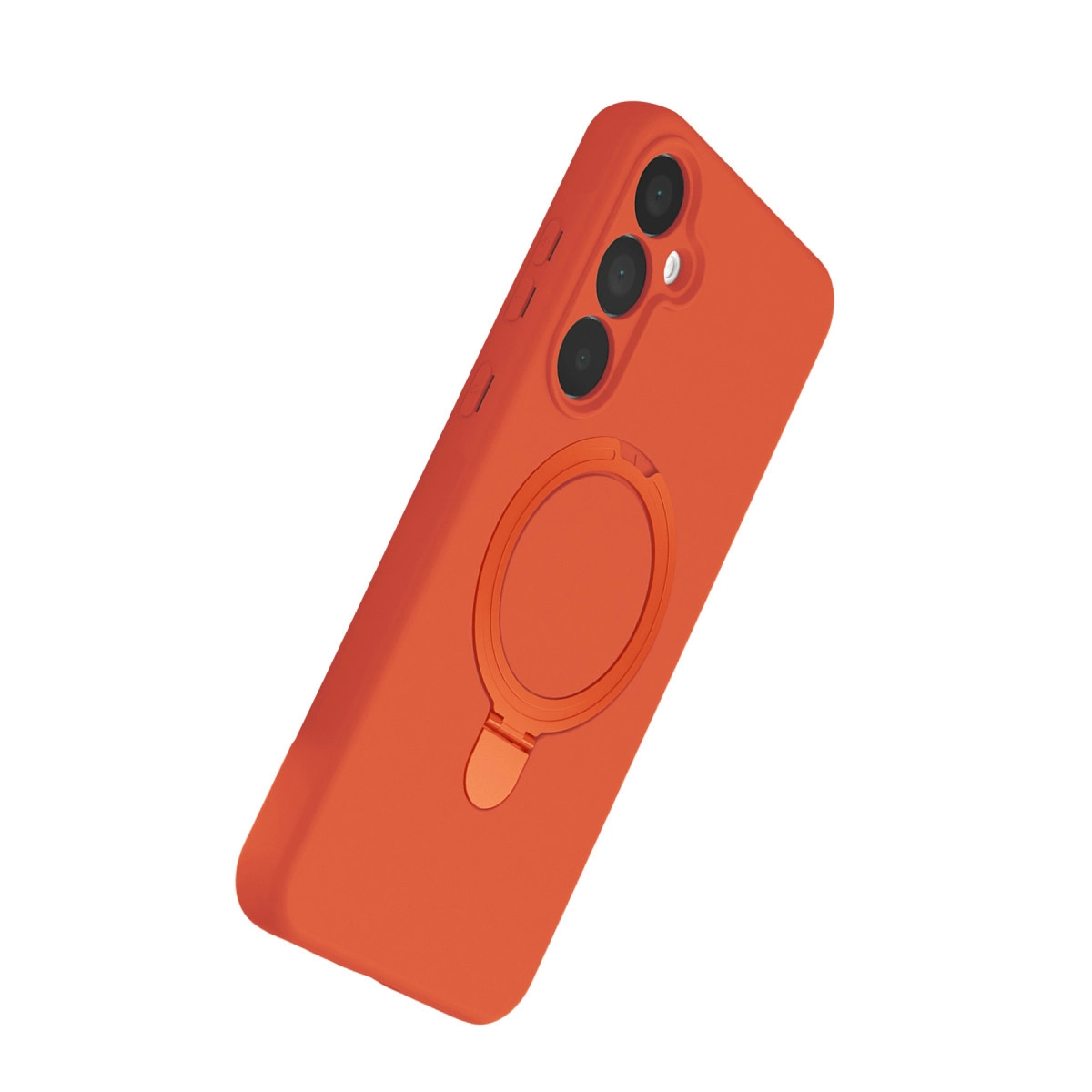Üç kamera lensli ve halka tutuculu turuncu telefon kılıfı, beyaz arka plan üzerinde.